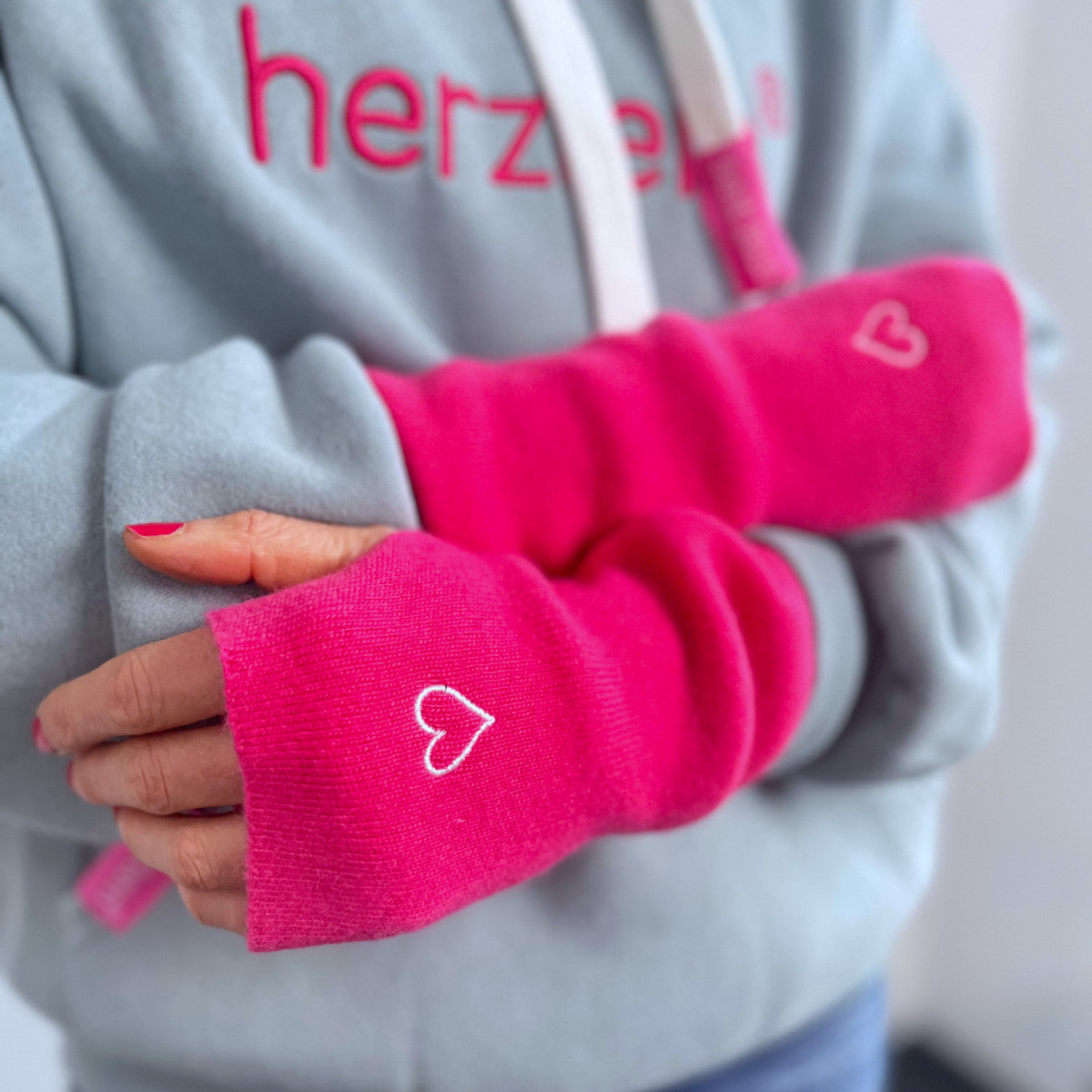 handschuhe ohne finger kaschmir Herzlein® Kaschmir Handwärmer für Damen in Pink – Herzlein Fashion
