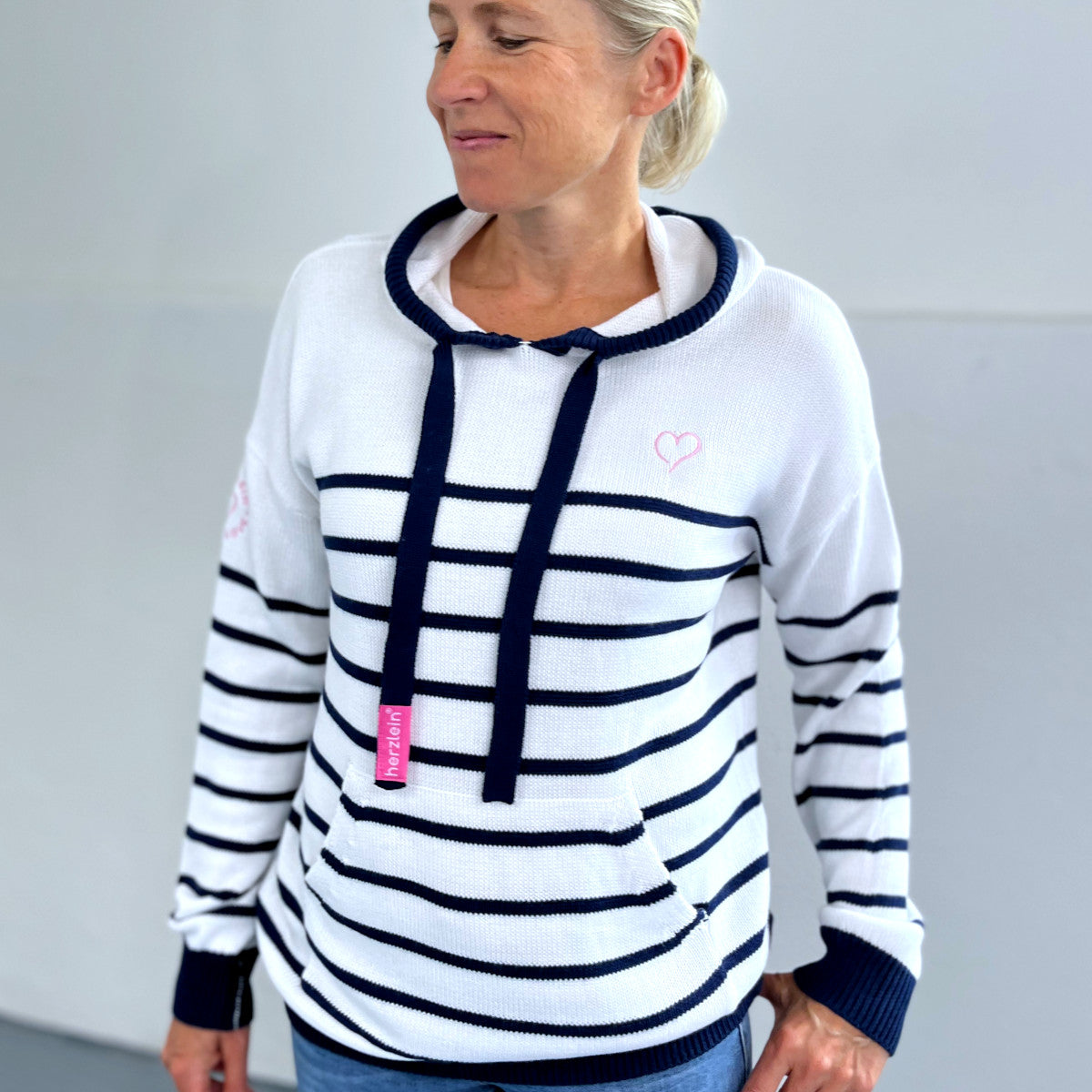 Kapuzenpullover Sweatshirt Blau Weiß Gestreift Damen Herzlein