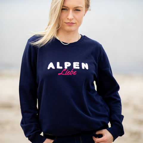 Herzlein® Sweatshirt aus Baumwolle Pullover für Damen Pulli mit Frottee Stick Alpen Liebe in Navy Blau