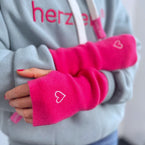 Herzlein Handschuhe ohne Finger Kaschmir Handwärmer mit Herzchen Stick in Pink