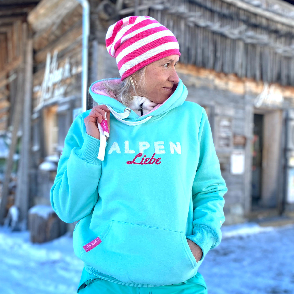 Herzlein® Hoodie für Damen Damenhoodie Kapuzenpullover aus Baumwolle in Mint Grün mit Stick "Alpenliebe"