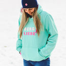 Herzlein® Hoodie für Damen Damenhoodie Kapuzenpullover aus Baumwolle in Mint Grün mit Stick "Bergliebe"