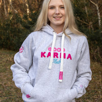 Herzlein® Hoodie für Damen Damenhoodie Kapuzenpullover aus Baumwolle in hell grau mit Stick "Good Vibes" Regenbogen