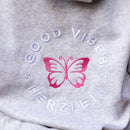 Herzlein® Hoodie für Damen Damenhoodie Kapuzenpullover aus Baumwolle in hell grau mit Stick "Good Vibes" Regenbogen