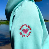 Herzlein® Hoodie für Damen Damenhoodie Kapuzenpullover aus Baumwolle mit Stick "Strand Meer Sonne" in Mint Grün