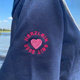 Herzlein® Hoodie für Damen Damenhoodie Kapuzenpullover aus Baumwolle mit Stick "Strand Meer Sonne" in Navy Blau Dunkelblau
