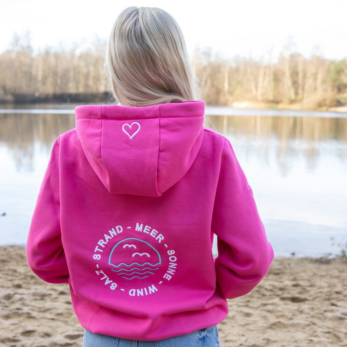 Herzlein® Hoodie für Damen Damenhoodie Kapuzenpullover aus Baumwolle in Pink mit Stick "Strandliebe"