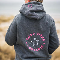 Herzlein® Hoodie für Damen Damenhoodie Kapuzenpullover aus Baumwolle in grau mit Stick Kaffee Liebe Kaffeeliebe