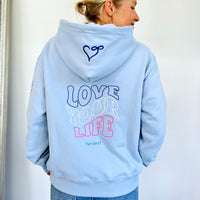 Herzlein Hoodie aus Baumwolle Kapuzenpullover mit Herz Damenhoodie Love your Life in hellblau