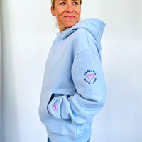 Herzlein Hoodie aus Baumwolle Kapuzenpullover mit Herz Damenhoodie Love your Life in hellblau