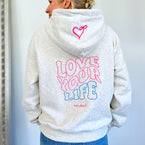 Herzlein Hoodie aus Baumwolle Kapuzenpullover mit Herz Damenhoodie Love your Life in hellgrau beige meliert