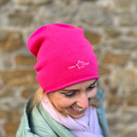 Herzlein® Beanie Mütze Strickmütze aus Kaschmir Cashmere und mit edlem Stern Stick für Damen Frauen Mädchen in Pink