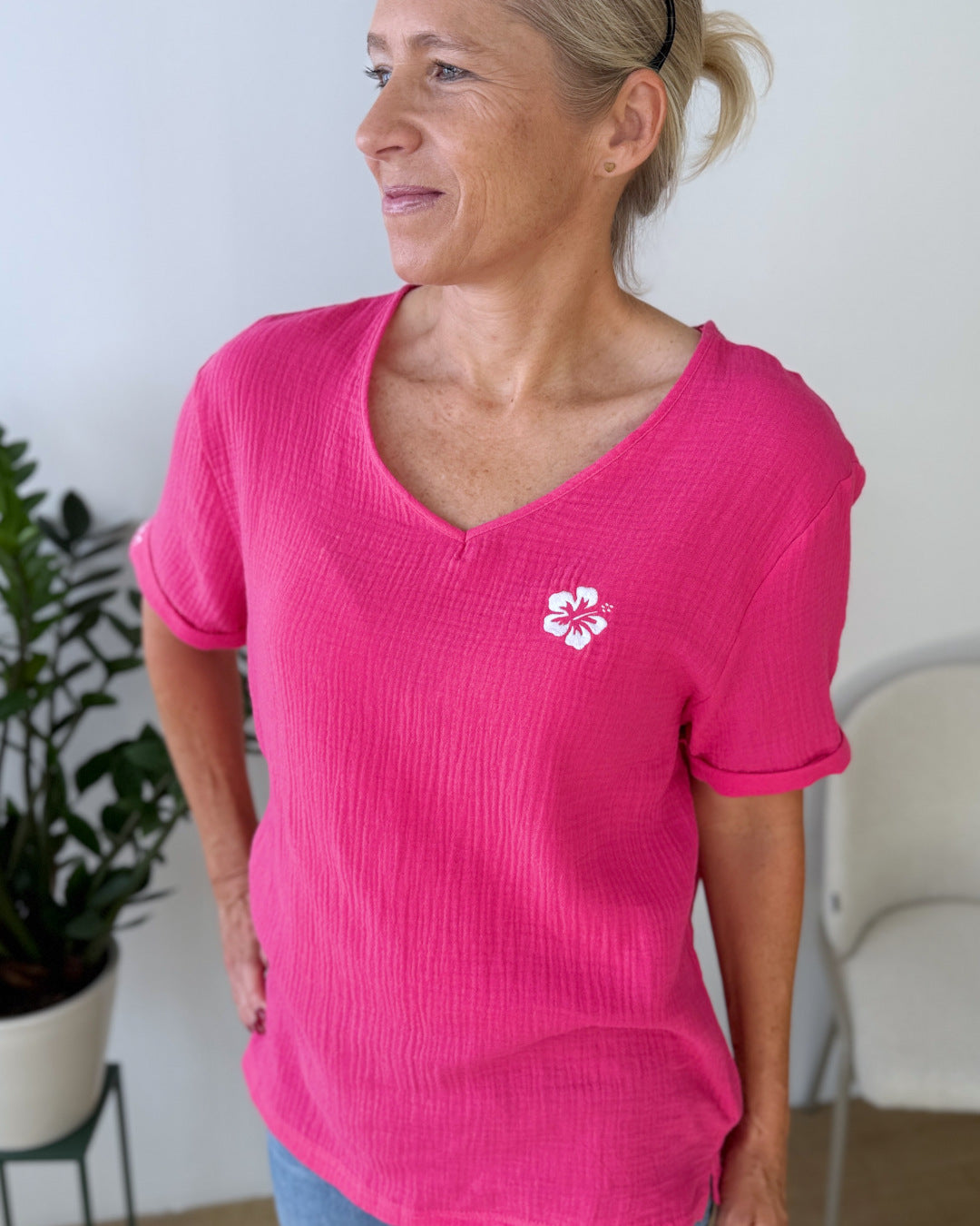 Herzlein® Musselin Shirt mit "Hibiskus-Stick" in Pink