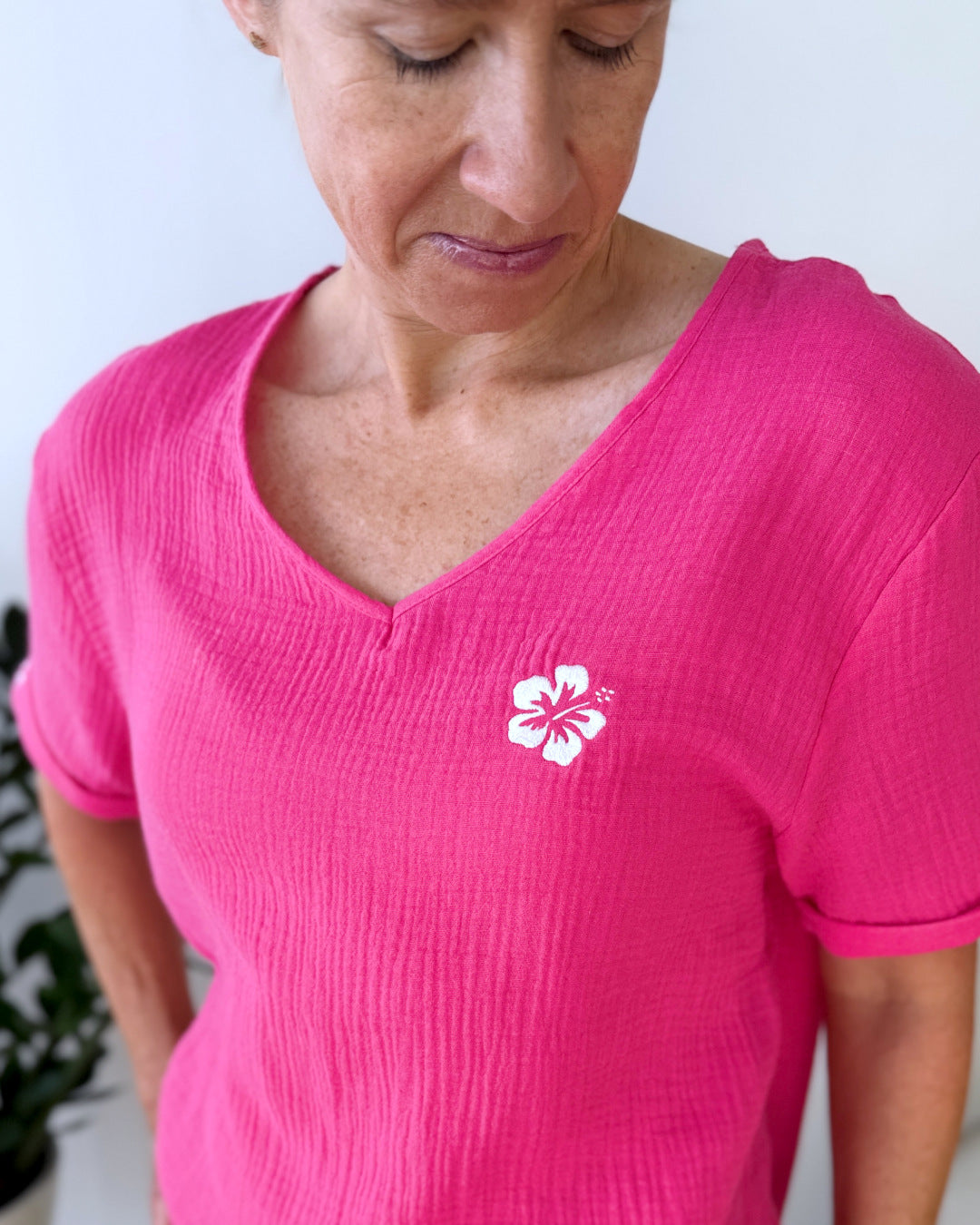 Herzlein® Musselin Shirt mit "Hibiskus-Stick" in Pink