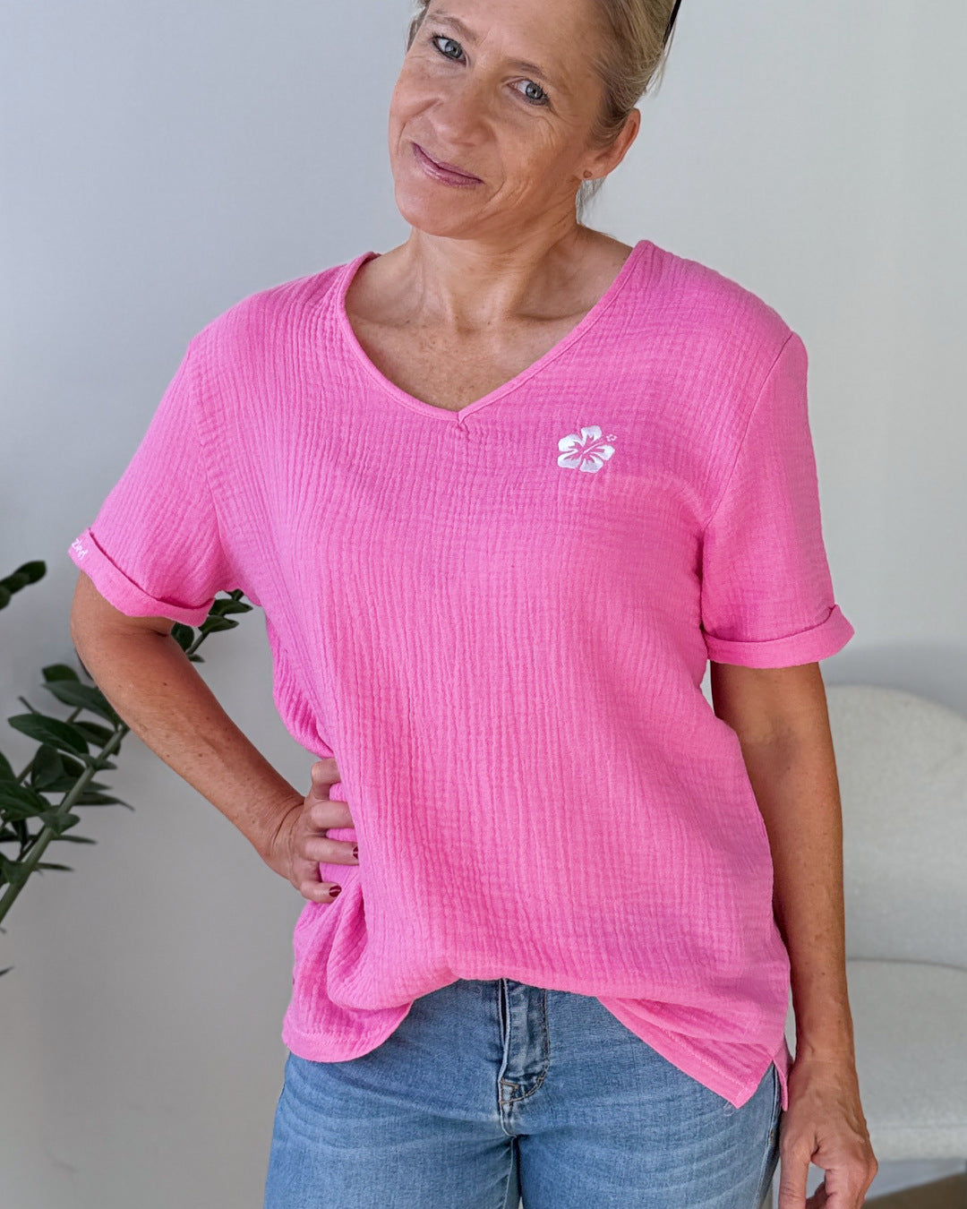Herzlein® Musselin Shirt mit "Hibiskus-Stick" in Rosa