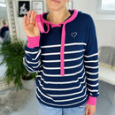 Herzlein® Hoodie in Strick mit Streifen - Navy Blau mit Weiß und Pink