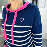 Herzlein® Hoodie in Strick mit Streifen - Navy Blau mit Weiß und Pink