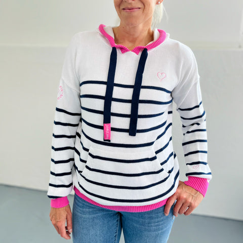 Herzlein Hoodie in Strick mit Streifen Strickpullover für Damen aus Baumwolle in Navy Blau und Pink