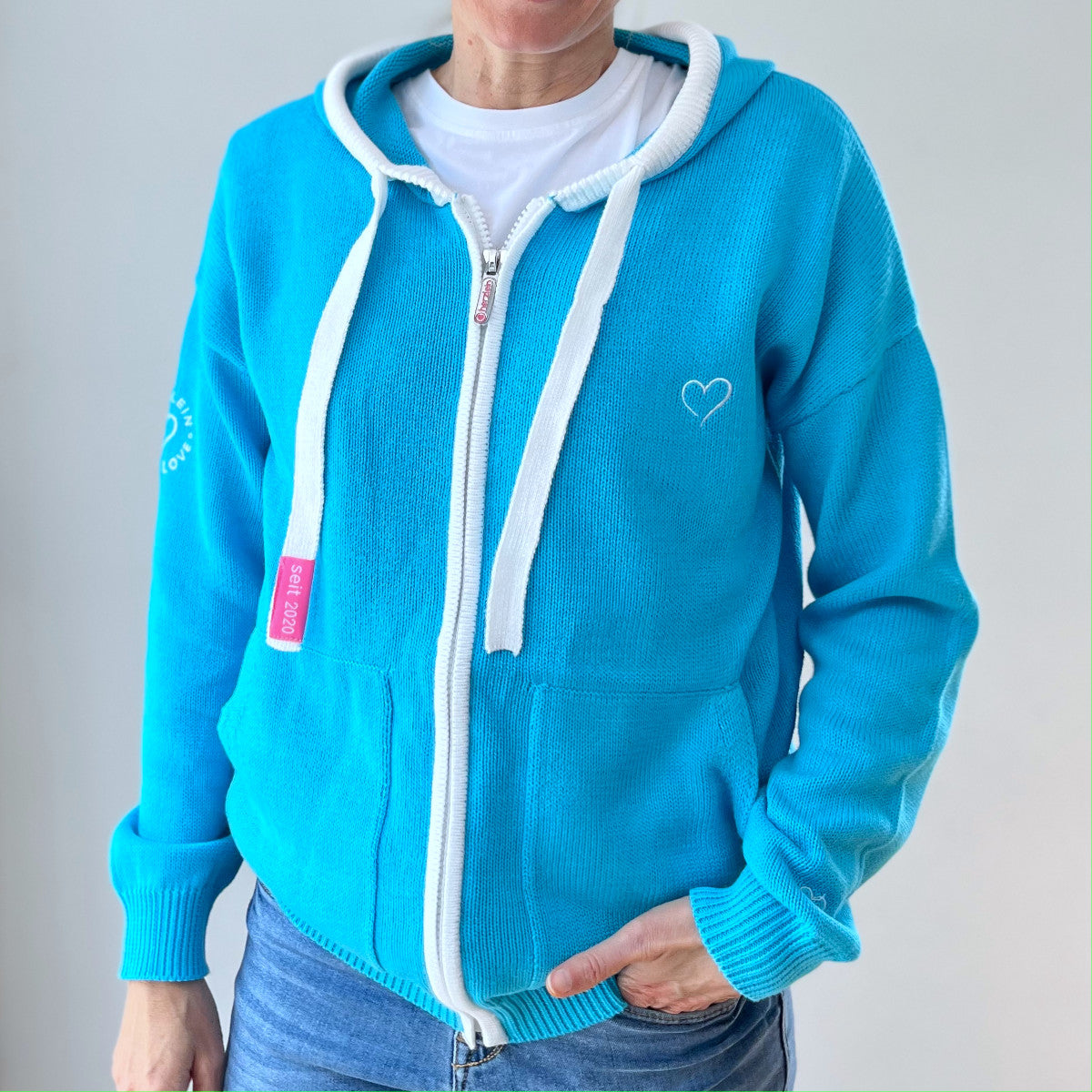 Herzlein Strickjacke aus Baumwolle Hoodie mit Reissverschluss mit Streifen gestreifter Kapuzenpullover in Blau und Weiss