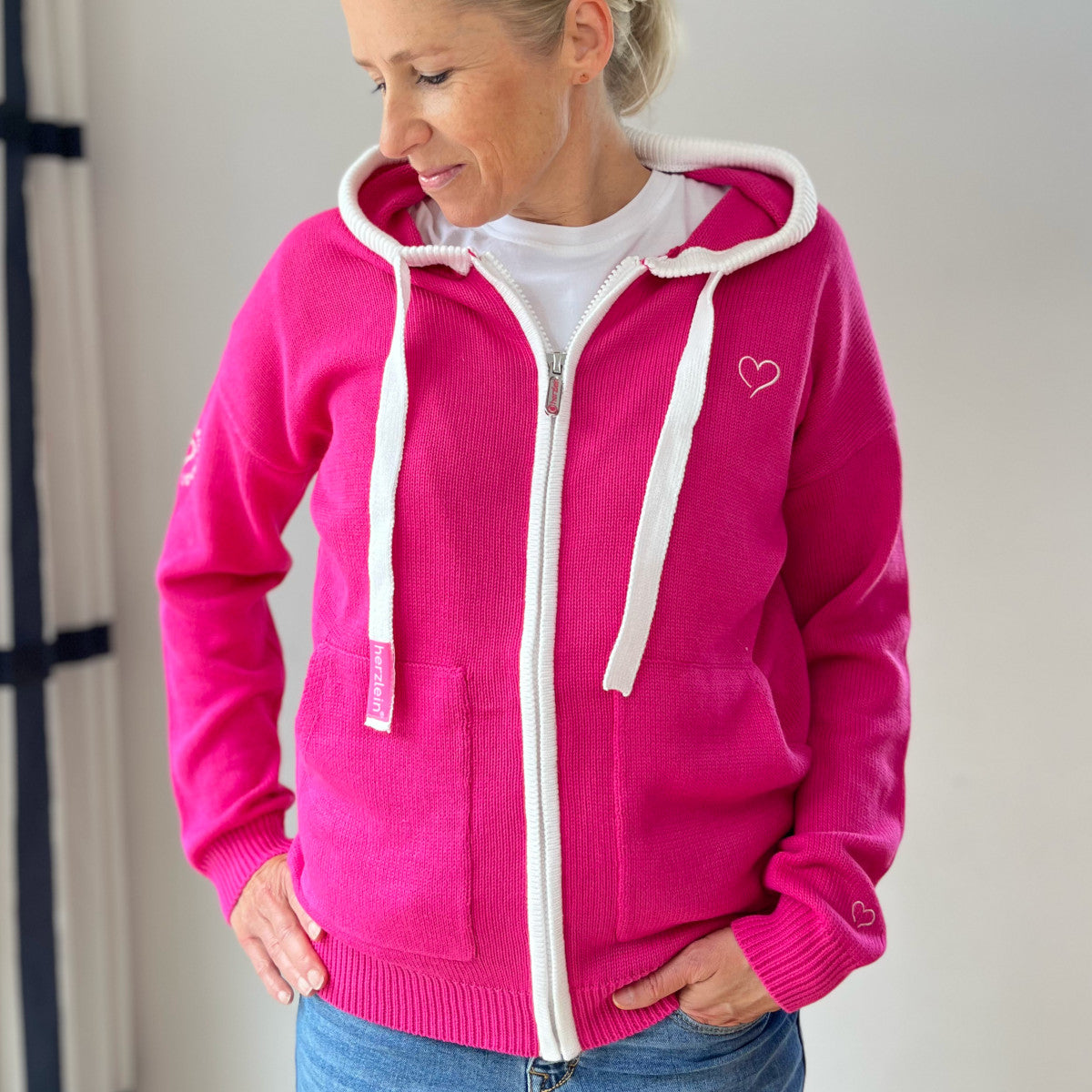 Herzlein Strickjacke aus Baumwolle Hoodie mit Reissverschluss Kapuzenpullover in Pink