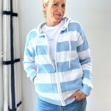 Herzlein Strickjacke aus Baumwolle Hoodie mit Reissverschluss mit Streifen gestreifter Kapuzenpullover in Hellblau Blau und Weiss