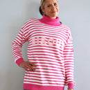 Herzlein® Strickpullover Strickware Pulli für Damen aus Kaschmir und Baumwolle mit Streifen Strickpulli in Pink und Weiss mit Stick "BISOUS" in Rosa