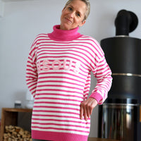 Herzlein® Strickpullover Strickware Pulli für Damen aus Kaschmir und Baumwolle mit Streifen Strickpulli in Pink und Weiss mit Stick "BISOUS" in Rosa