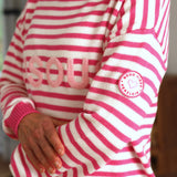 Herzlein® Strickpullover Strickware Pulli für Damen aus Kaschmir und Baumwolle mit Streifen Strickpulli in Pink und Weiss mit Stick "BISOUS" in Rosa