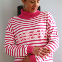 Herzlein® Strickpullover Strickware Pulli für Damen aus Kaschmir und Baumwolle mit Streifen Strickpulli in Pink und Weiss mit Stick "BISOUS" in Rosa