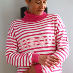 Herzlein® Strickpullover Strickware Pulli für Damen aus Kaschmir und Baumwolle mit Streifen Strickpulli in Pink und Weiss mit Stick 