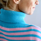 Herzlein® Strickpullover "HAPPY" Strickware Pulli für Damen aus Kaschmir und Baumwolle mit Streifen in Blau - Rosa
