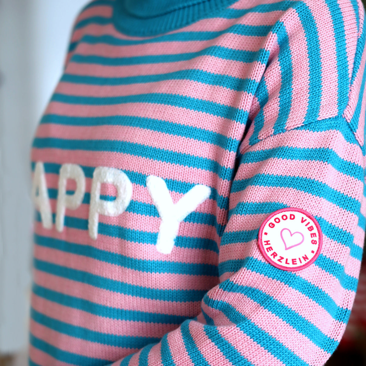 Herzlein® Strickpullover "HAPPY" in Türkis - Rosa