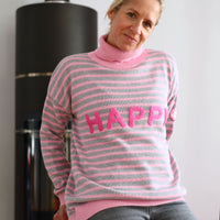 Herzlein® Strickpullover Strickware Pulli für Damen aus Kaschmir und Baumwolle mit Streifen Strickpulli in Rosa und Grau mit Stick "HAPPY" in Pink