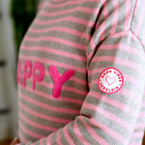 Herzlein® Strickpullover Strickware Pulli für Damen aus Kaschmir und Baumwolle mit Streifen Strickpulli in Rosa und Grau mit Stick "HAPPY" in Pink