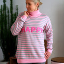 Herzlein® Strickpullover Strickware Pulli für Damen aus Kaschmir und Baumwolle mit Streifen Strickpulli in Rosa und Grau mit Stick "HAPPY" in Pink