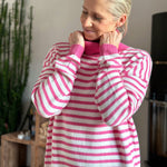Herzlein® Strickpullover Strickware Pulli für Damen aus Kaschmir und Baumwolle mit Streifen Strickpulli in Pink und Weiss