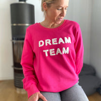 Herzlein® Sweater aus Baumwolle Pullover für Damen Pulli mit Frottee Stick DREAM TEAM in Pink