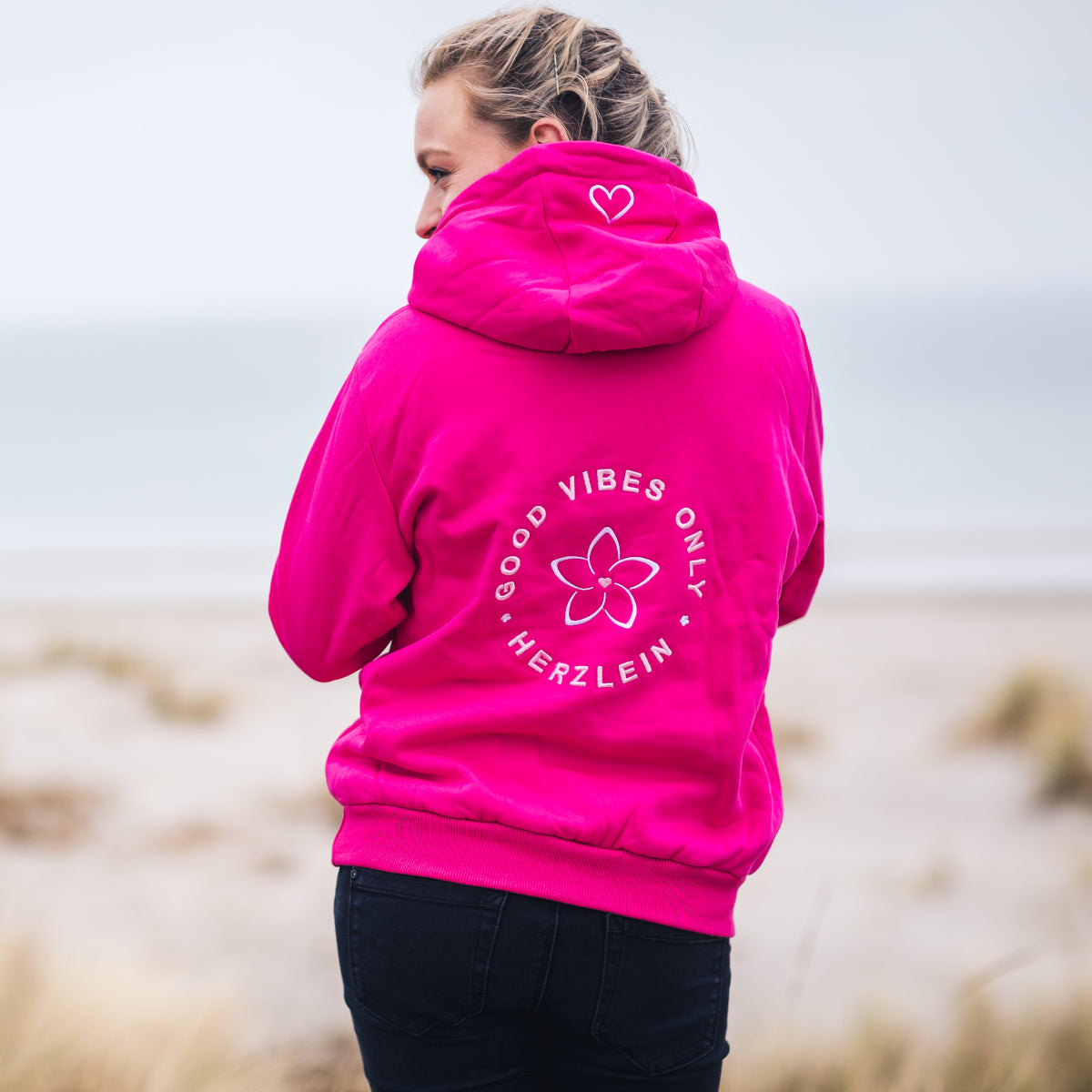 Herzlein Sweatjacke mit Reißverschluss aus Baumwolle Hoodie Kapuzenpullover für Damen Damenhoodie GOOD VIBES in Pink