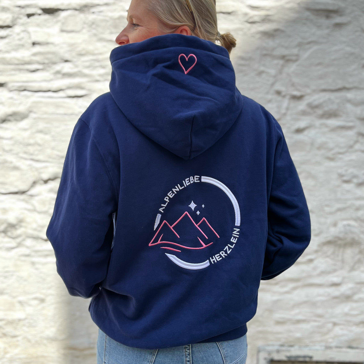 Herzlein Sweatjacke mit Kapuze und Reißverschluss aus Baumwolle Hoodie Kapuzenpullover für Damen Damenhoodie Berge Alpen in Navy Blau