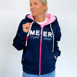 Herzlein Sweatjacke mit Kapuze und Reißverschluss aus Baumwolle Hoodie Kapuzenpullover für Damen Damenhoodie Herz Herzchen Meer geht immer Strand in Navy Blau