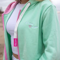 Herzlein Sweatjacke mit Kapuze und Reißverschluss aus Baumwolle Hoodie Kapuzenpullover für Damen Damenhoodie Ostsee Liebe in Mint Grün