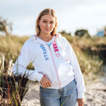 Herzlein Sweatjacke mit Reißverschluss aus Baumwolle Hoodie Kapuzenpullover für Damen Damenhoodie in Weiß Strand Strandliebe