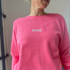 Herzlein Sweatshirt für Damen aus Baumwolle Sweater mit Stick NICE in der Farbe Flamingo Rosa Pink