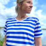 Herzlein T-Shirt für Damen aus Baumwolle mit Streifen und Herzchen in Blau - Weiss
