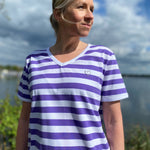 Herzlein T-Shirt für Damen aus Baumwolle mit Streifen und Herzchen in Lila - Weiss