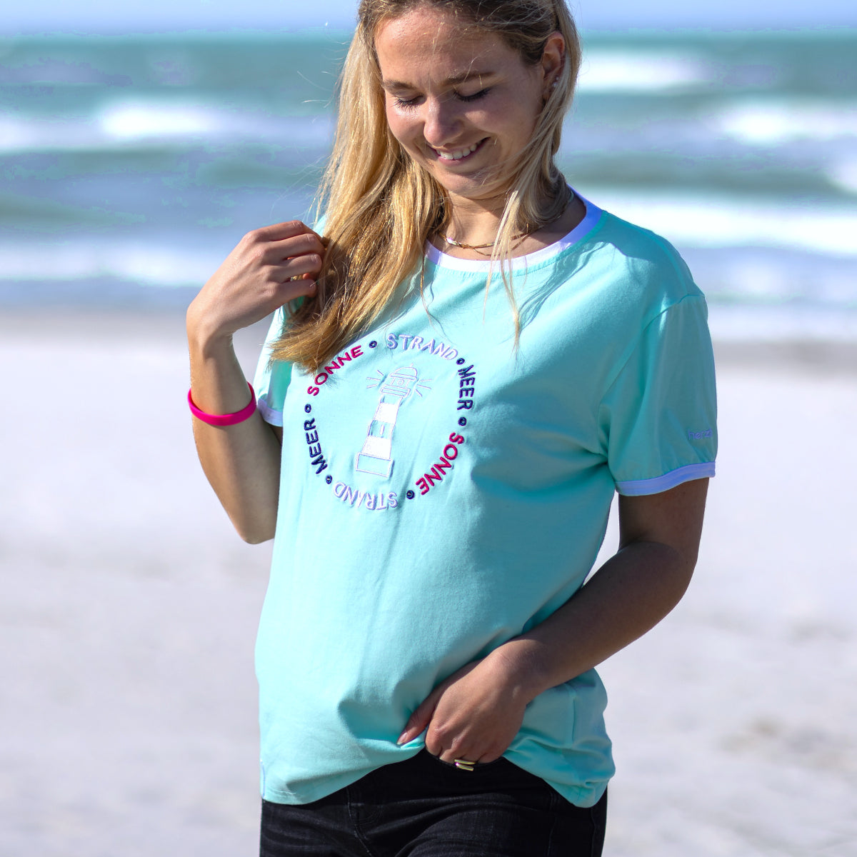 Herzlein T-Shirt Damen aus Baumwolle Strand und Meer in Mint Grün