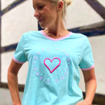Herzlein® T-Shirt für Damen mit 3D Stick "Good Vibes" Damenshirt mit Herz Shirt aus Baumwolle in Mint Grün mit Rosa