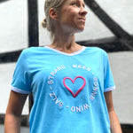 Herzlein® T-Shirt für Damen mit 3D Stick "Strand" Damenshirt mit Herz Shirt aus Baumwolle in Blau Hellblau mit Rosa