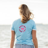 Herzlein® T-Shirt für Damen mit 3D Stick "Strand" Damenshirt mit Herz Shirt aus Baumwolle in Blau Hellblau mit weiss