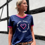 Herzlein® T-Shirt für Damen mit 3D Stick "Strand" Damenshirt mit Herz Shirt aus Baumwolle in Navy Blau mit Pink